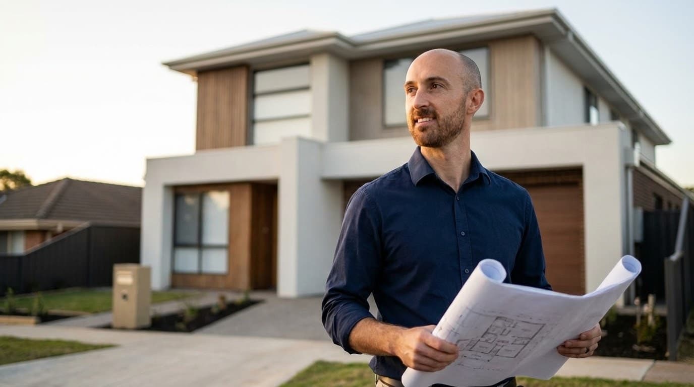Guy Moore reviewing development plans on site in Adelaide